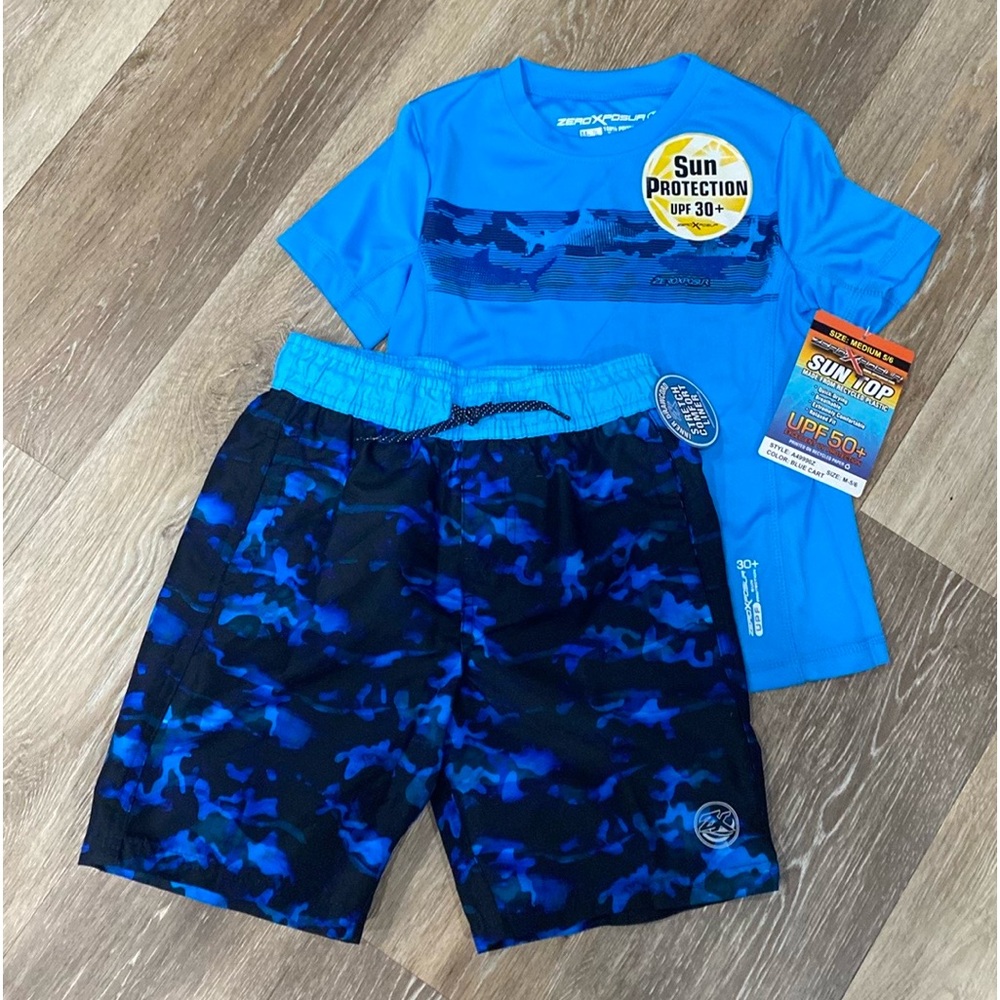 NEW ZeroXposur boys 2pc swim shirt with trunks SPF 50, blue, sizes 4, 5/6, 7